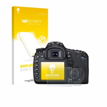 Face avant d’un emballage produit avec le logo de la marque upscreen. À côté, l’appareil Canon EOS 7D est représenté avec la p