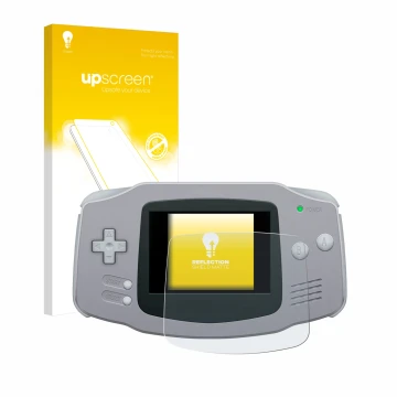 Face avant d’un emballage produit avec le logo de la marque upscreen. À côté, l’appareil Nintendo Gameboy Advance GBA est repr