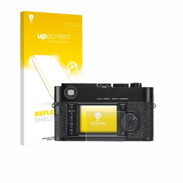 Face avant d’un emballage produit avec le logo de la marque upscreen. À côté, l’appareil Leica M9 est représenté avec la prote