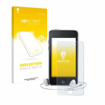 Face avant d’un emballage produit avec le logo de la marque upscreen. À côté, l’appareil Apple iPod Touch (3ème Gen.) est repr