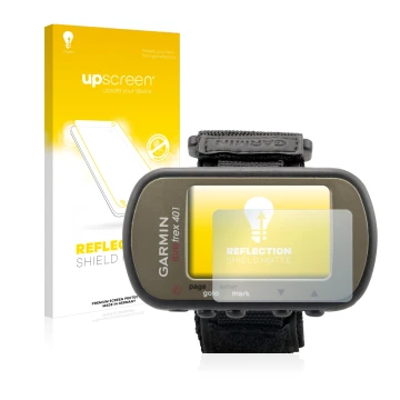 Face avant d’un emballage produit avec le logo de la marque upscreen. À côté, l’appareil Garmin Foretrex 401 est représenté av