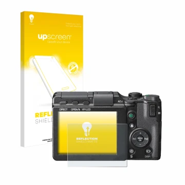 Face avant d’un emballage produit avec le logo de la marque upscreen. À côté, l’appareil Ricoh GXR est représenté avec la prot