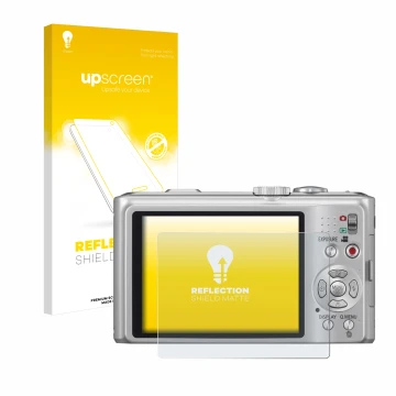 Face avant d’un emballage produit avec le logo de la marque upscreen. À côté, l’appareil Panasonic Lumix DMC-TZ10 est représen
