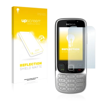 Face avant d’un emballage produit avec le logo de la marque upscreen. À côté, l’appareil Nokia 6303i classic est représenté av
