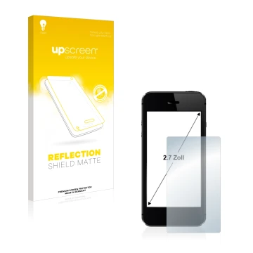 Face avant d’un emballage produit avec le logo de la marque upscreen. À côté, l’appareil est représenté avec la protection d’é