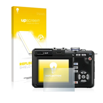 Face avant d’un emballage produit avec le logo de la marque upscreen. À côté, l’appareil Olympus PEN E-PL1 est représenté avec