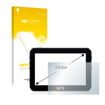 Face avant d’un emballage produit avec le logo de la marque upscreen. À côté, l’appareil est représenté avec la protection d’é