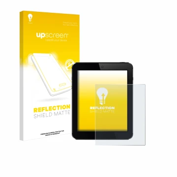 Face avant d’un emballage produit avec le logo de la marque upscreen. À côté, l’appareil est représenté avec la protection d’é