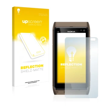 Face avant d’un emballage produit avec le logo de la marque upscreen. À côté, l’appareil Nokia n8 est représenté avec la prote