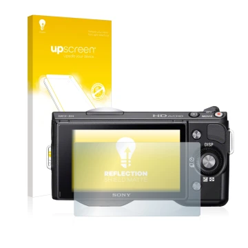 Face avant d’un emballage produit avec le logo de la marque upscreen. À côté, l’appareil Sony Alpha NEX-5 est représenté avec 