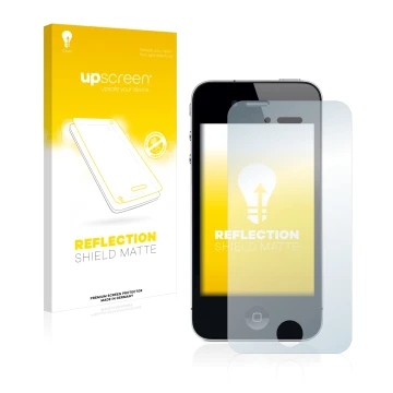 Face avant d’un emballage produit avec le logo de la marque upscreen. À côté, l’appareil Apple iPhone 4 est représenté avec la