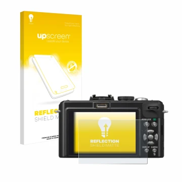 Face avant d’un emballage produit avec le logo de la marque upscreen. À côté, l’appareil Panasonic Lumix DMC-LX5 est représent