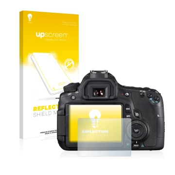Face avant d’un emballage produit avec le logo de la marque upscreen. À côté, l’appareil Canon EOS 60D est représenté avec la 