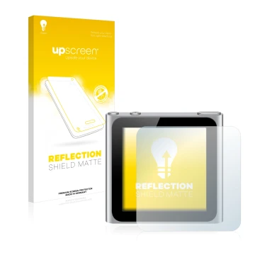 Face avant d’un emballage produit avec le logo de la marque upscreen. À côté, l’appareil Apple iPod nano 2010 (6. Gen.) est re