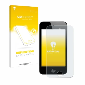 Face avant d’un emballage produit avec le logo de la marque upscreen. À côté, l’appareil Apple iPod Touch (4ème Gen.) est repr