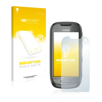 Face avant d’un emballage produit avec le logo de la marque upscreen. À côté, l’appareil Nokia C7-00 est représenté avec la pr