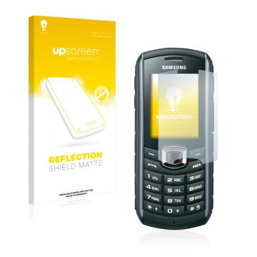 Face avant d’un emballage produit avec le logo de la marque upscreen. À côté, l’appareil Samsung B2710 est représenté avec la 