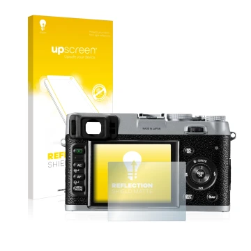 Face avant d’un emballage produit avec le logo de la marque upscreen. À côté, l’appareil Fujifilm FinePix X100 est représenté 