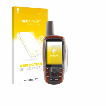 Face avant d’un emballage produit avec le logo de la marque upscreen. À côté, l’appareil Garmin GPSMAP 62s est représenté avec