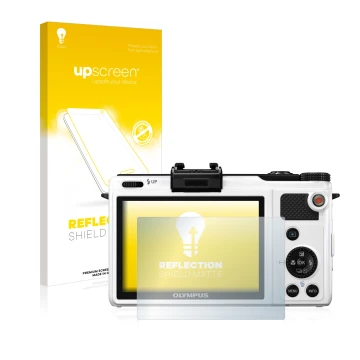 Face avant d’un emballage produit avec le logo de la marque upscreen. À côté, l’appareil Olympus XZ-1 est représenté avec la p