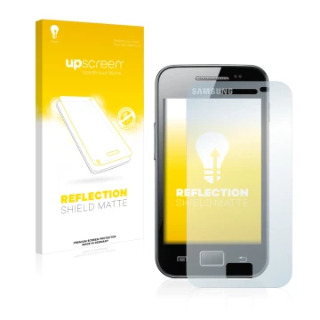 Face avant d’un emballage produit avec le logo de la marque upscreen. À côté, l’appareil Samsung Galaxy Ace S5830 est représen