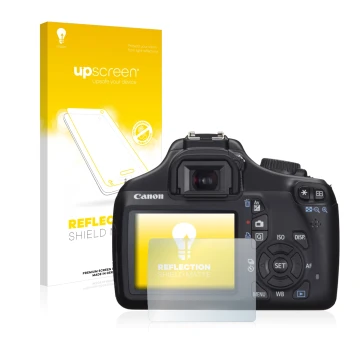 Face avant d’un emballage produit avec le logo de la marque upscreen. À côté, l’appareil Canon EOS 1100D est représenté avec l