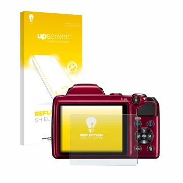 Face avant d’un emballage produit avec le logo de la marque upscreen. À côté, l’appareil Nikon Coolpix L120 est représenté ave