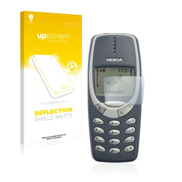 Face avant d’un emballage produit avec le logo de la marque upscreen. À côté, l’appareil Nokia 3310 2011 est représenté avec l