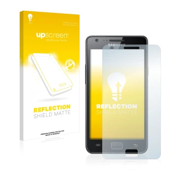 Face avant d’un emballage produit avec le logo de la marque upscreen. À côté, l’appareil Samsung Galaxy S2 est représenté avec