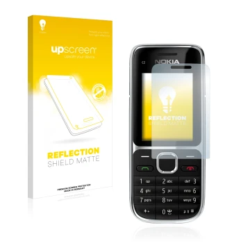 Face avant d’un emballage produit avec le logo de la marque upscreen. À côté, l’appareil Nokia C2-01 est représenté avec la pr