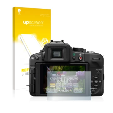Face avant d’un emballage produit avec le logo de la marque upscreen. À côté, l’appareil Panasonic Lumix DMC-G3 est représenté