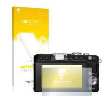 Face avant d’un emballage produit avec le logo de la marque upscreen. À côté, l’appareil Olympus PEN E-PL3 est représenté avec