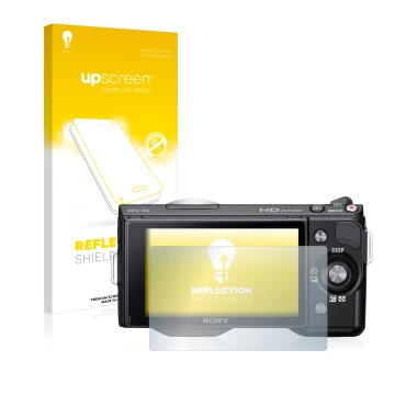 Face avant d’un emballage produit avec le logo de la marque upscreen. À côté, l’appareil Sony Alpha NEX-5N est représenté avec