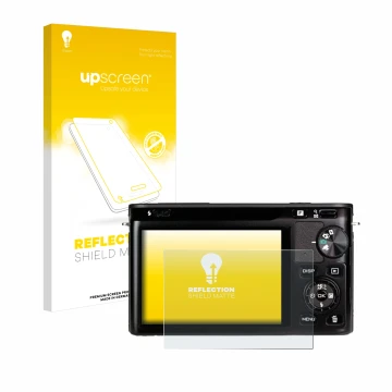 Face avant d’un emballage produit avec le logo de la marque upscreen. À côté, l’appareil Nikon 1 J1 est représenté avec la pro