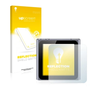 Face avant d’un emballage produit avec le logo de la marque upscreen. À côté, l’appareil Apple iPod nano 2011 (6ème Gen.) est 