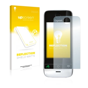 Face avant d’un emballage produit avec le logo de la marque upscreen. À côté, l’appareil Gigaset SL910 (découpe circulaire) es