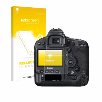 Face avant d’un emballage produit avec le logo de la marque upscreen. À côté, l’appareil Canon EOS 1D X est représenté avec la