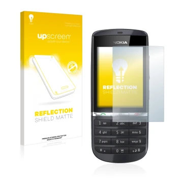 Face avant d’un emballage produit avec le logo de la marque upscreen. À côté, l’appareil Nokia Asha 300 est représenté avec la
