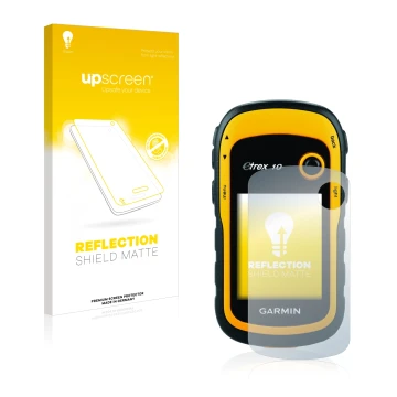 Face avant d’un emballage produit avec le logo de la marque upscreen. À côté, l’appareil Garmin eTrex 10 est représenté avec l