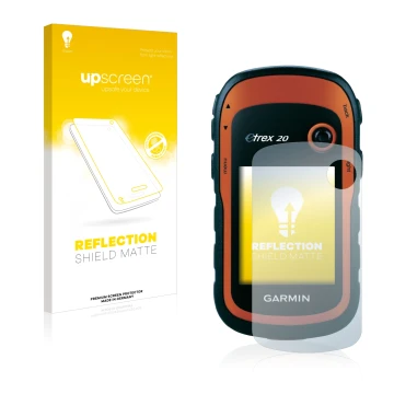 Face avant d’un emballage produit avec le logo de la marque upscreen. À côté, l’appareil Garmin eTrex 20 est représenté avec l
