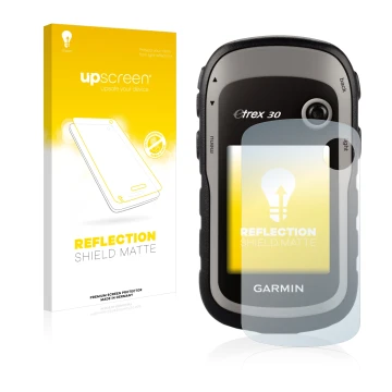 Face avant d’un emballage produit avec le logo de la marque upscreen. À côté, l’appareil Garmin eTrex 30 est représenté avec l