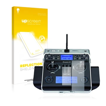 Face avant d’un emballage produit avec le logo de la marque upscreen. À côté, l’appareil Graupner MC-32 HoTT est représenté av