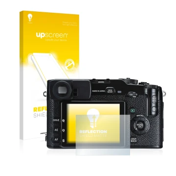 Face avant d’un emballage produit avec le logo de la marque upscreen. À côté, l’appareil Fujifilm X-Pro1 est représenté avec l