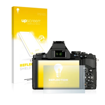 Face avant d’un emballage produit avec le logo de la marque upscreen. À côté, l’appareil Olympus OM-D E-M5 est représenté avec