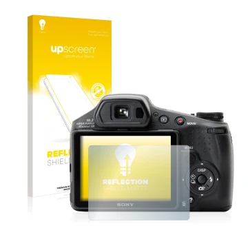 Face avant d’un emballage produit avec le logo de la marque upscreen. À côté, l’appareil Sony Cyber-Shot DSC-HX200V est représ