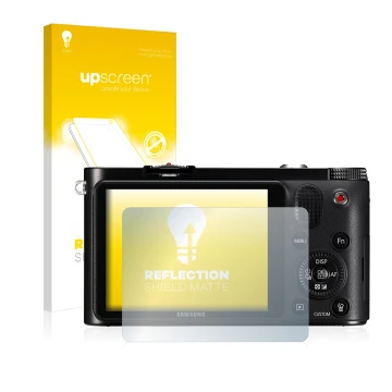 Face avant d’un emballage produit avec le logo de la marque upscreen. À côté, l’appareil Samsung NX1000 est représenté avec la