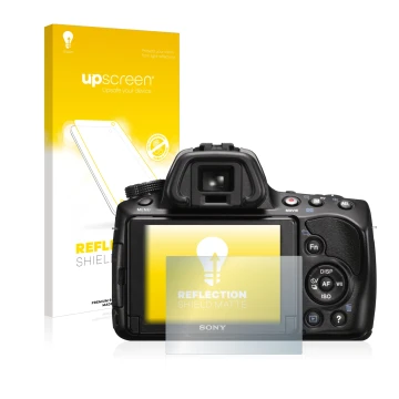 Face avant d’un emballage produit avec le logo de la marque upscreen. À côté, l’appareil Sony Alpha 37 (SLT-A37) est représent