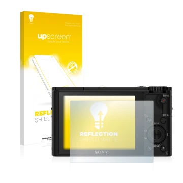 Face avant d’un emballage produit avec le logo de la marque upscreen. À côté, l’appareil Sony Cyber-Shot DSC-RX100 est représe