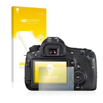 Face avant d’un emballage produit avec le logo de la marque upscreen. À côté, l’appareil Canon EOS 650D est représenté avec la