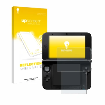 Face avant d’un emballage produit avec le logo de la marque upscreen. À côté, l’appareil Nintendo 3DS XL SPM7800 est représent